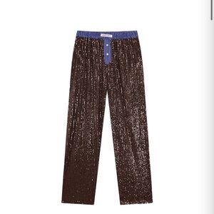 Brown Sequin Pants with Blue Waistband